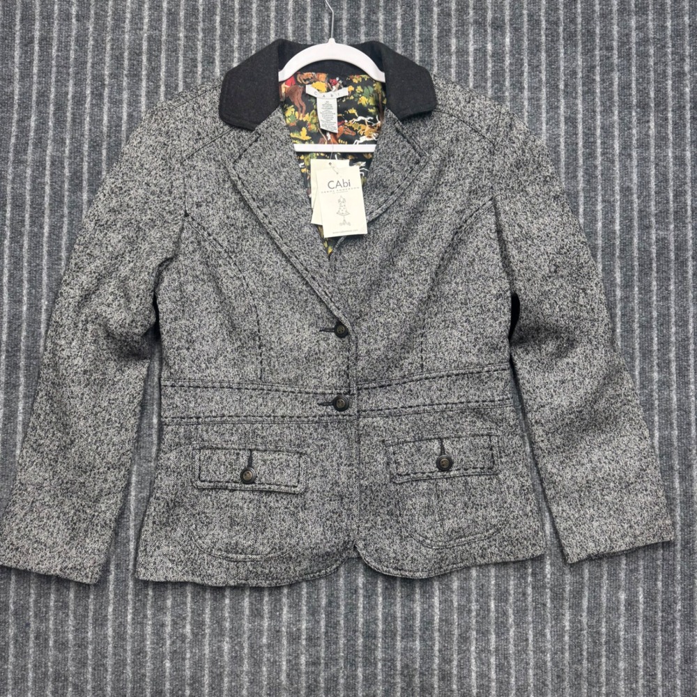 Cabi Womens Blazer 12 Grey Herringbone Wool Blend Fox Hunt Lining Jacket 629